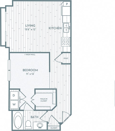 Floor plan for 1 bed, 1 bath, 699 sqft